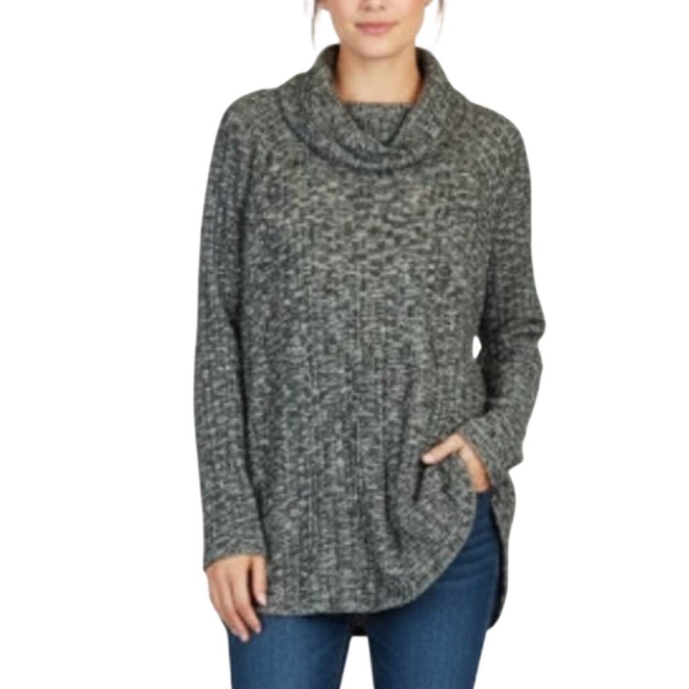 Michael Stars Cowl Neck Lightweight Sweater 2XL Gray White Wide Wale Ribbed Knit